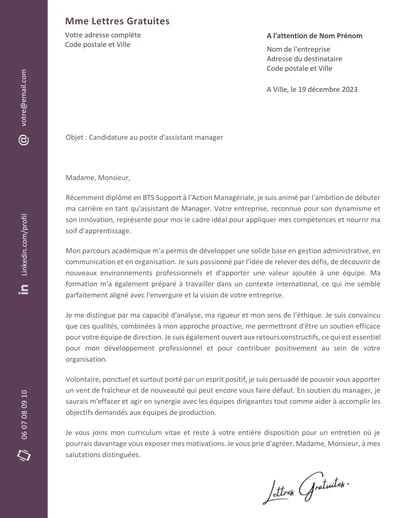 Une lettre de motivation d'une assistante de manager