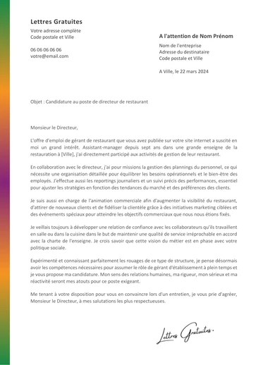 Une lettre de motivation d'un directeur de restaurant