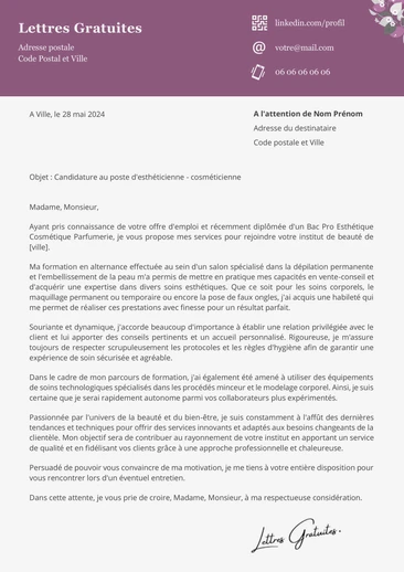 Une lettre de motivation d'une esthéticienne