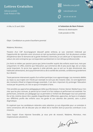 Une lettre de motivation d'une nounou à domicile