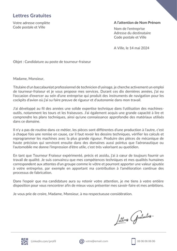Une lettre de motivation d'un tourneur fraiseur