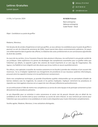 Une lettre de motivation d'un greffier d'un tribunal