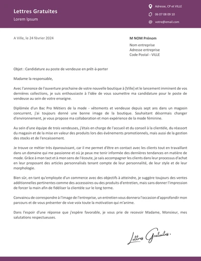 Une lettre de motivation d'une vendeuse magasin de vêtements