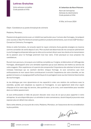 Une lettre de motivation d'un fromager