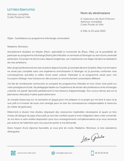 Une lettre de motivation pour un programme d'échange universitaire intern