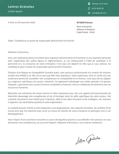 Une lettre de motivation d'un responsable financier