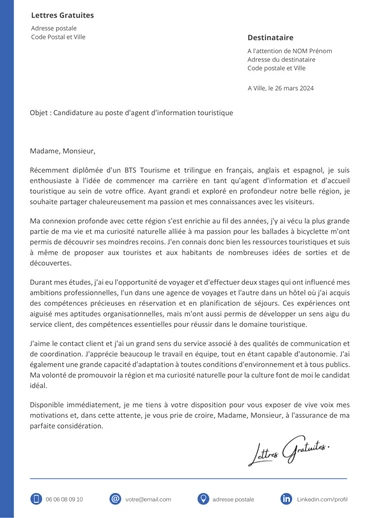 Une lettre de motivation d'un chargé d'accueil en office du tourisme
