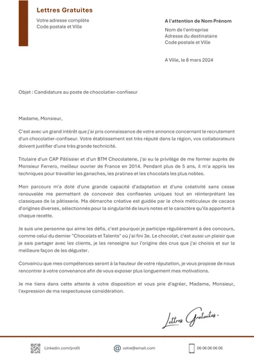 Une lettre de motivation d'un employé de chocolaterie