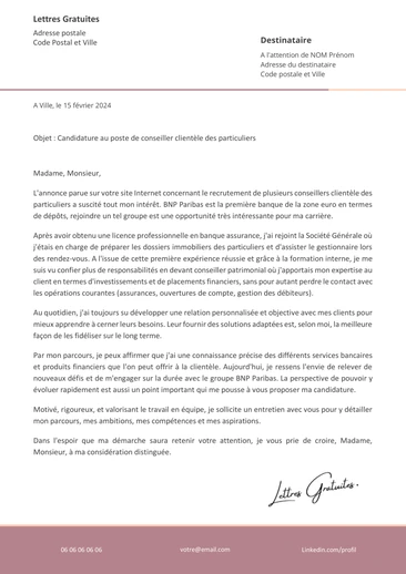 Une lettre de motivation d'un conseiller clientèle en banque