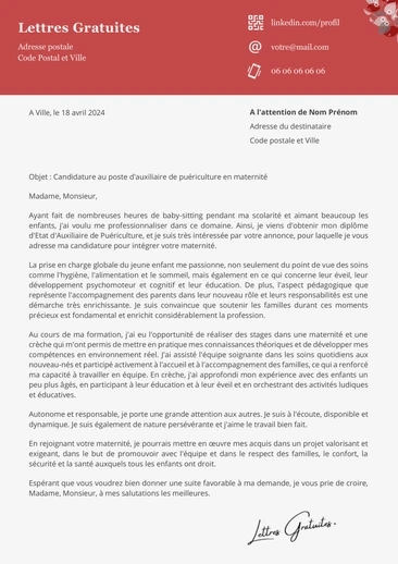Une lettre de motivation d'une auxiliaire de puériculture
