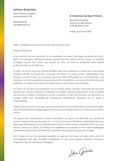 Une lettre de motivation d'un animateur de centre aéré