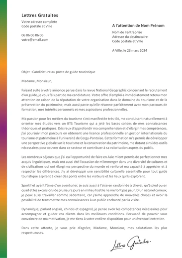 Une lettre de motivation d'un guide touristique