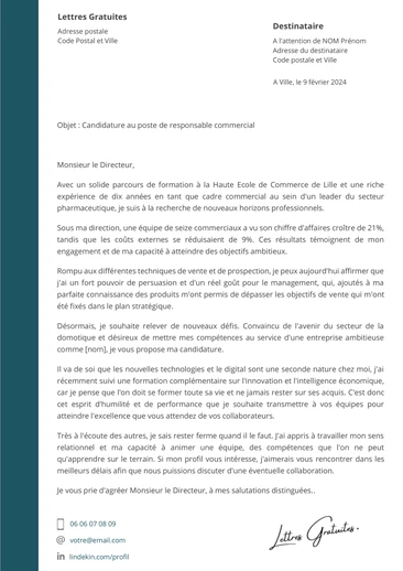 Une lettre de motivation d'un responsable commercial