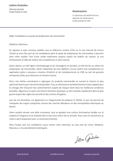 Une lettre de motivation d'un préparateur de commandes