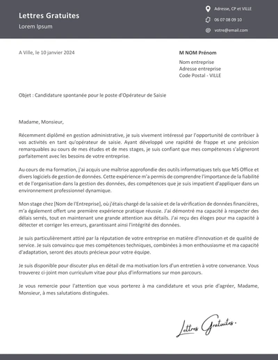 Une lettre de motivation d'un opérateur de saisie