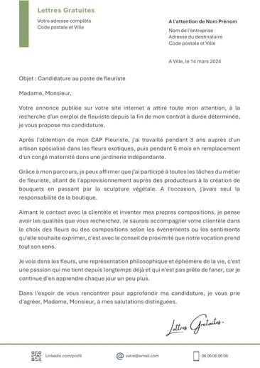 Une lettre de motivation d'un fleuriste en boutique