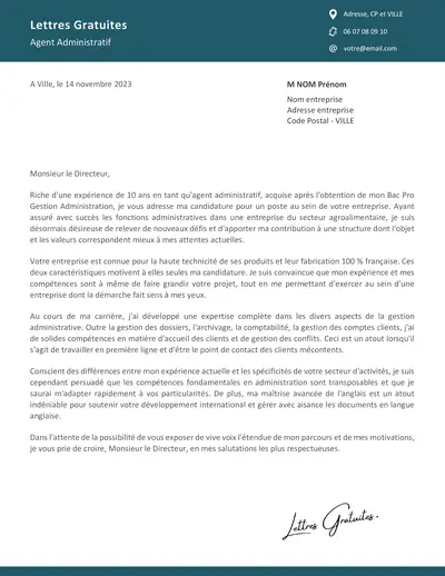 Une lettre de motivation d'un agent administratif