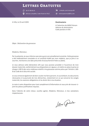Une lettre de déclaration de grossesse ou une naissance aux organismes sociaux