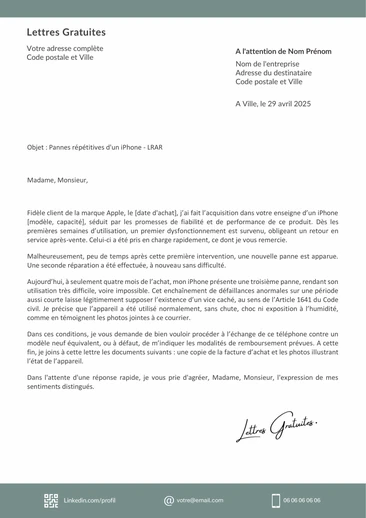 Une lettre de réclamation pour les pannes d'un produit