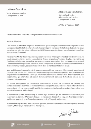 Une lettre de motivation pour un Master Management de l'Hôtellerie International