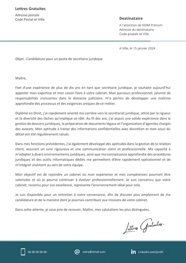 Une lettre de motivation d'une secrétaire juridique