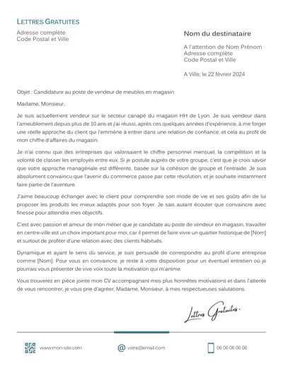 Une lettre de motivation d'un vendeur en ameublement