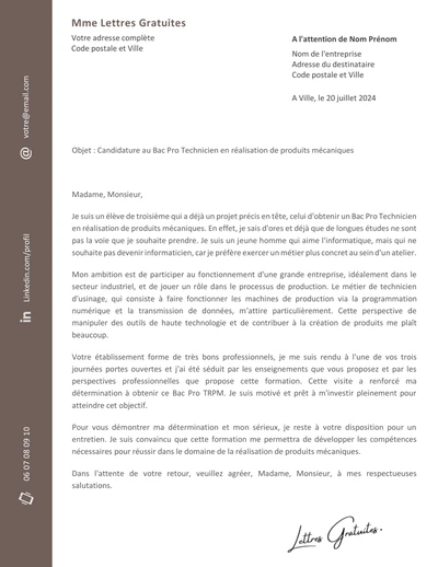 Une lettre de motivation pour le Bac Pro TRPM