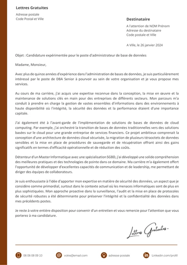 Une lettre de motivation d'un administrateur base de données