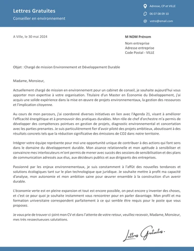 Une lettre de motivation d'un conseiller en environnement
