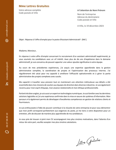 Une lettre de motivation d'une assistante administrative