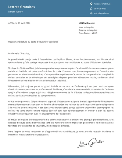 Une lettre de motivation d'un éducateur spécialisé