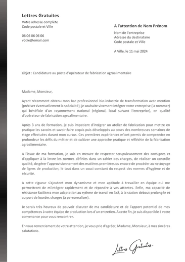 Une lettre de motivation d'un opérateur de fabrication agroalimentaire