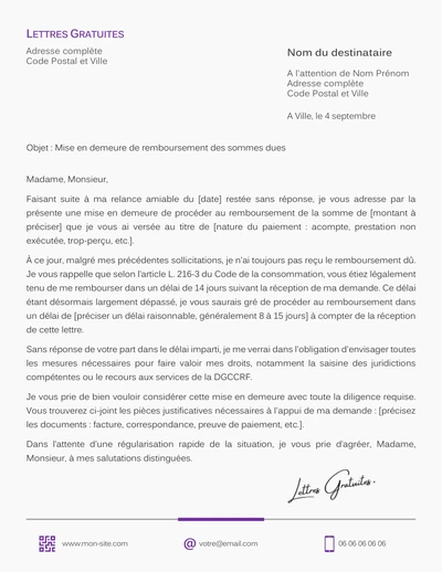 Une lettre de mise en demeure de se faire rembourser une somme due