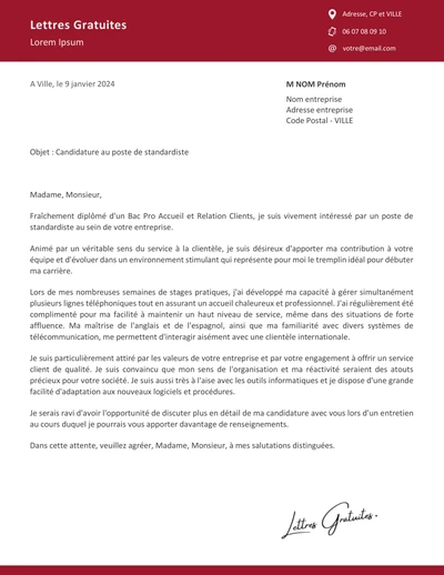 Une lettre de motivation d'un standardiste