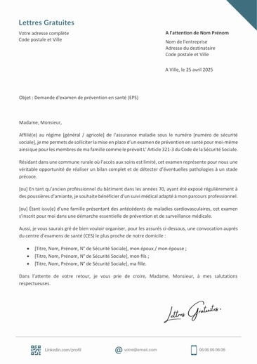 Une lettre de demande de bilan de santé