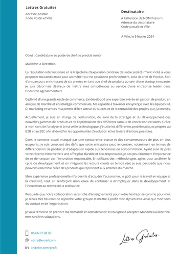 Une lettre de motivation d'un chef de produit