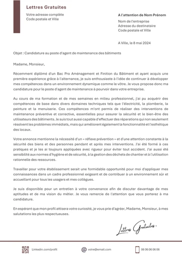 Une lettre de motivation d'un agent de maintenance