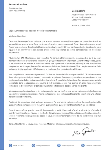 Une lettre de motivation d'un mécanicien auto