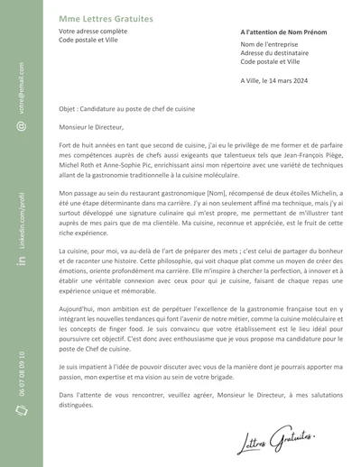 Une lettre de motivation d'un chef de cuisine