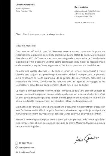 Une lettre de motivation d'un réceptionniste d'hôtel