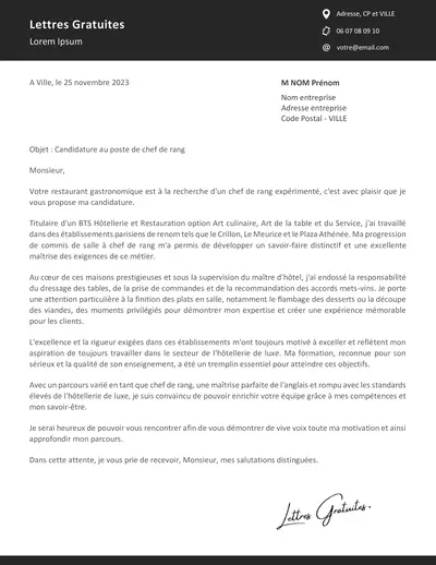 Une lettre de motivation d'un chef de rang