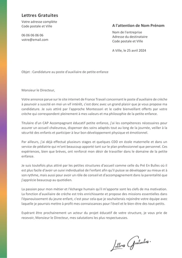 Une lettre de motivation d'une auxiliaire de crèche