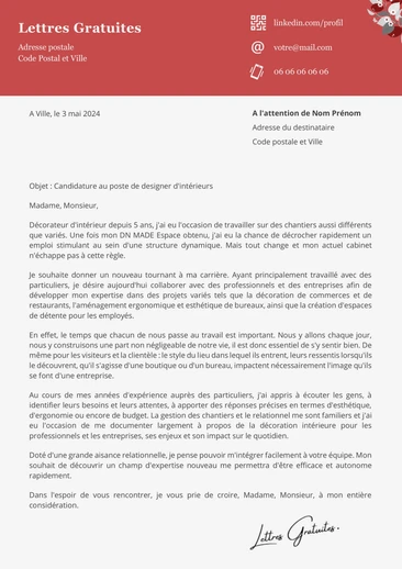 Une lettre de motivation d'un designer d'intérieurs
