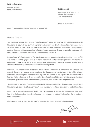 Une lettre de motivation d'un technicien en matériel médical