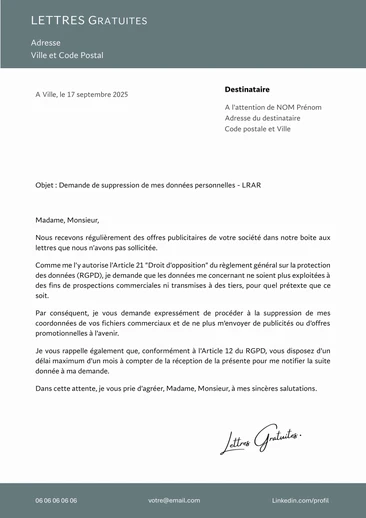 Une lettre d'opposition au démarchage publicitaire