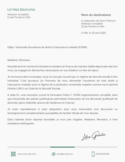 Une lettre de demande d'ouverture des droits à l'assurance maladie
