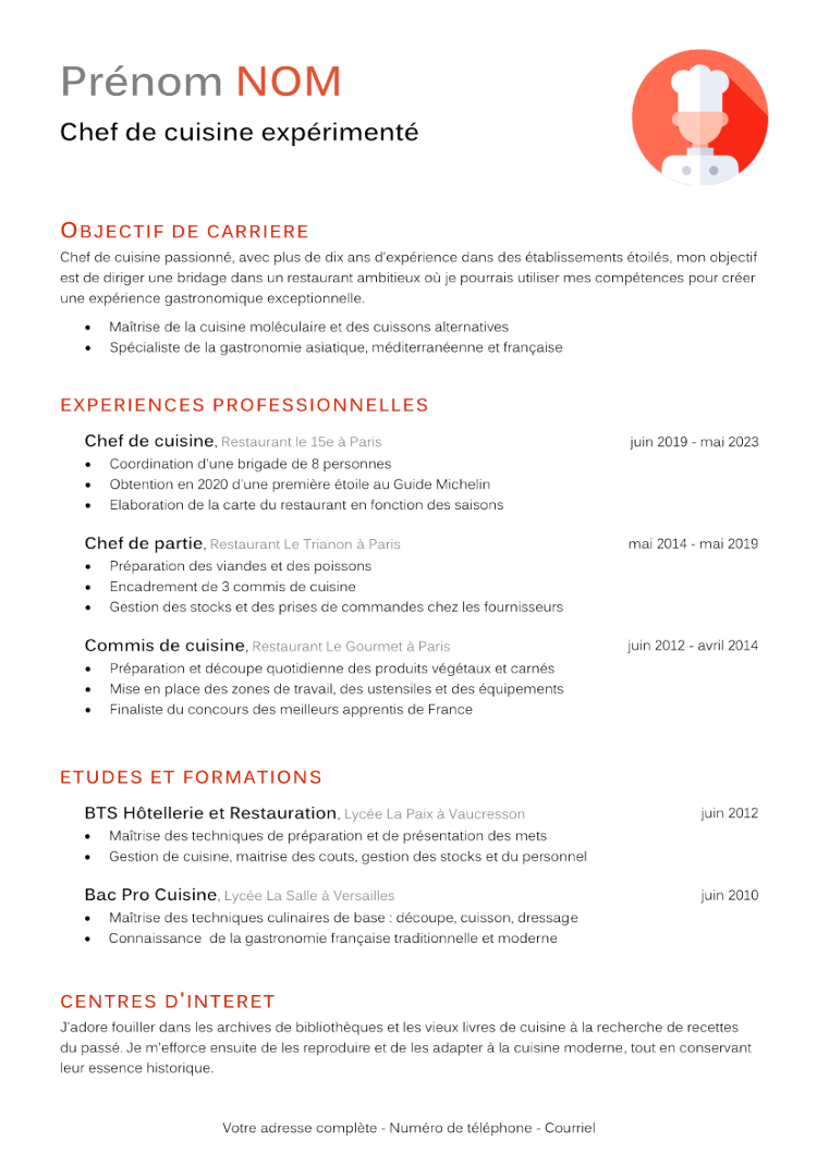 CV Cuisinier ou Chef de Cuisine
