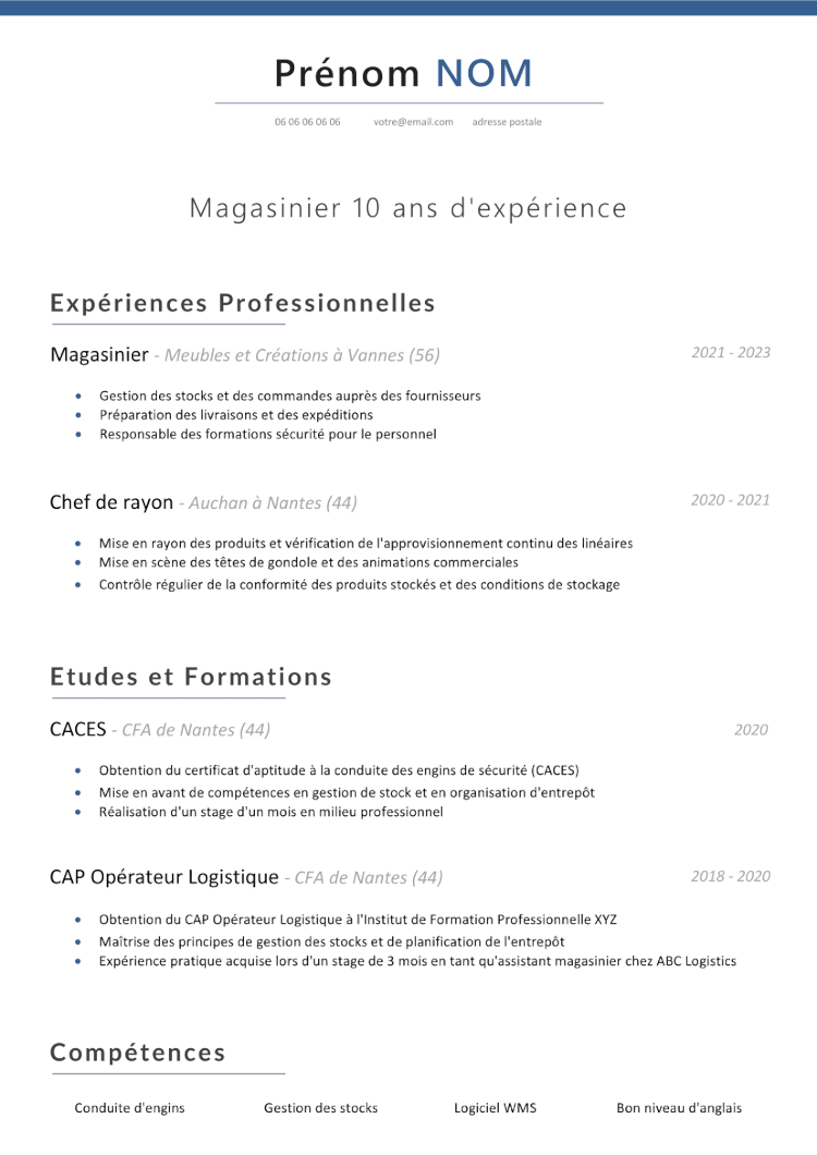 CV Magasinier Cariste