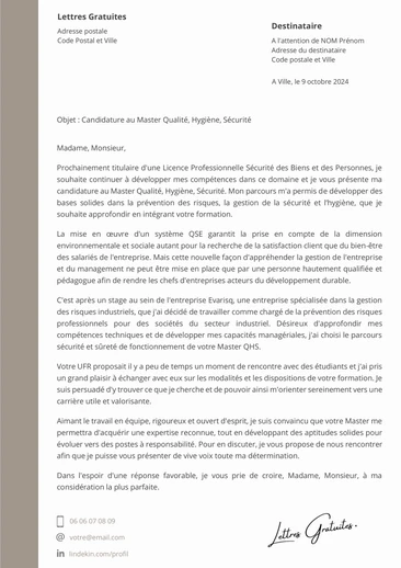 Une lettre de motivation pour un Master QHS - QSE