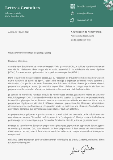 Une lettre de motivation d'une demande de stage dans le sport